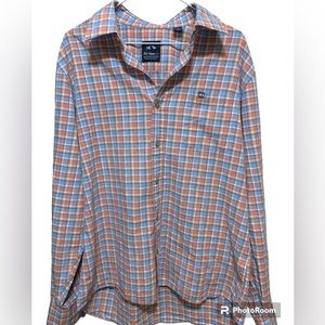 Fish hippie size large orange, blue‎ and white plaid shirt